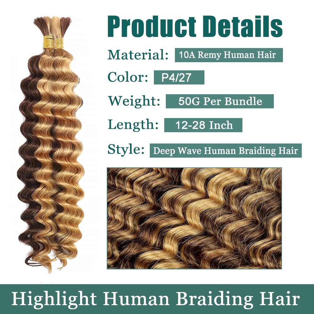 Human Braiding Hair for Boho Braids Highlight Boho Braiding Hair 28 28 inch P427 Deep Wave Bulk Knotless Deep Wave Boho Braids 2 Bundles 100g