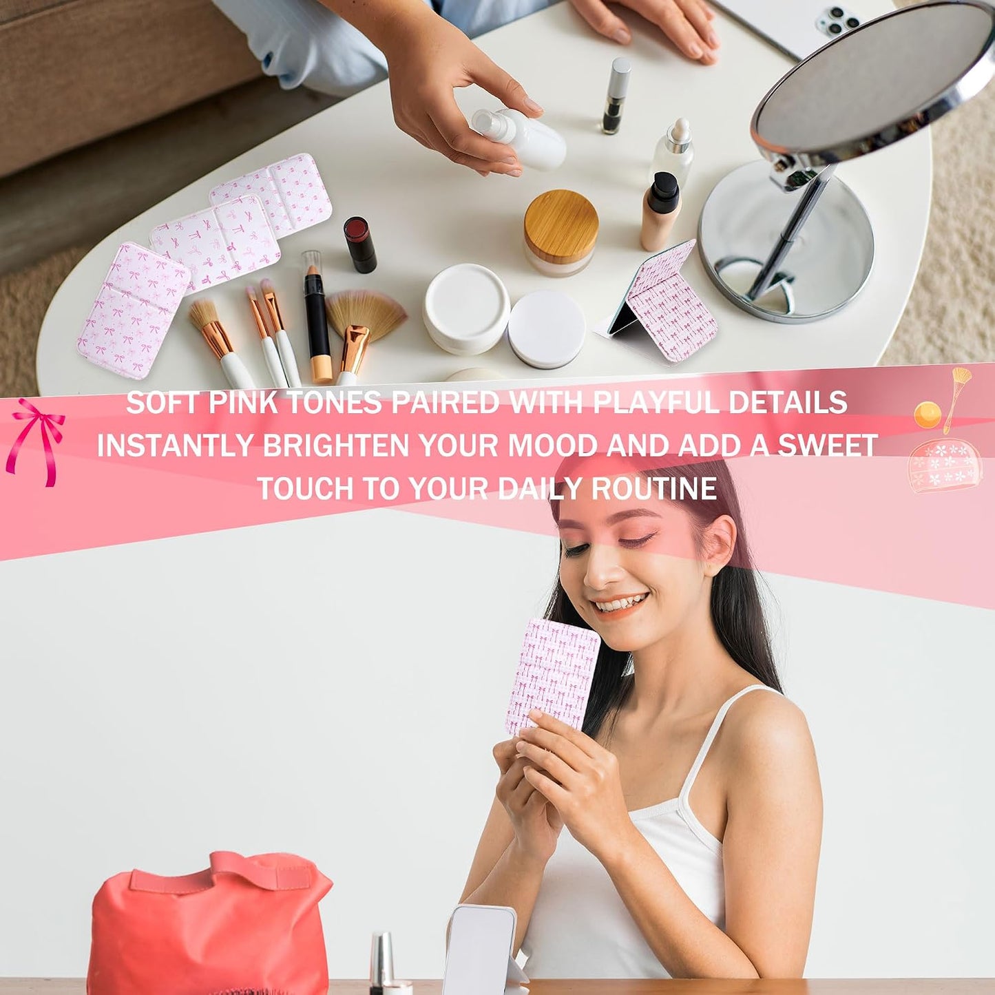 Compact Folding Mirrors - 16 Pcs Pink Bow Mini Travel Mirrors for Women | Handheld Pocket Size