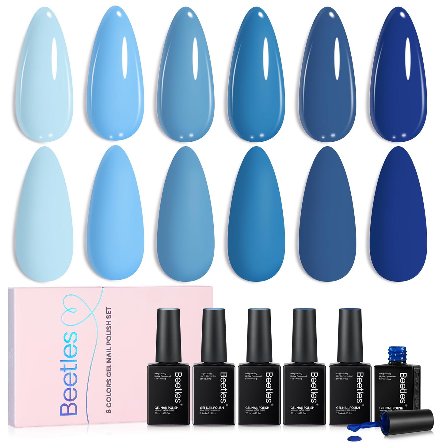 Beetles Blue Gel Polish Set - Ocean Range, 6 Colors Light Dark Navy Baby Blue Gel Nail Polish Soak Off UV LED Lamp Needed Manicure DIY Home for Women