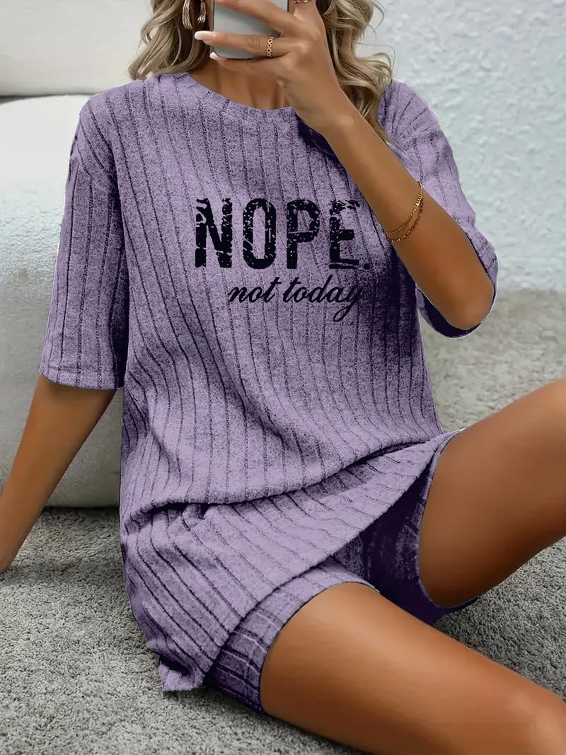 Women Set Short Sleeve Top and Shorts Ribbed Casual Sleepwear Outfit for Home Travel and Daily Relaxation 2 Pcs (Purple, M)