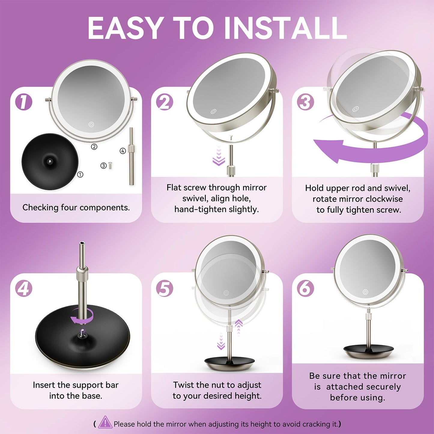 Auxmir 9" Large Lighted Makeup Mirror with Magnification, 1X/30X Double Sided Magnifying Mirror with Adjustable Height, Rechargeable Vanity Mirror with 3 Color Dimmable Lights, 360° Rotation