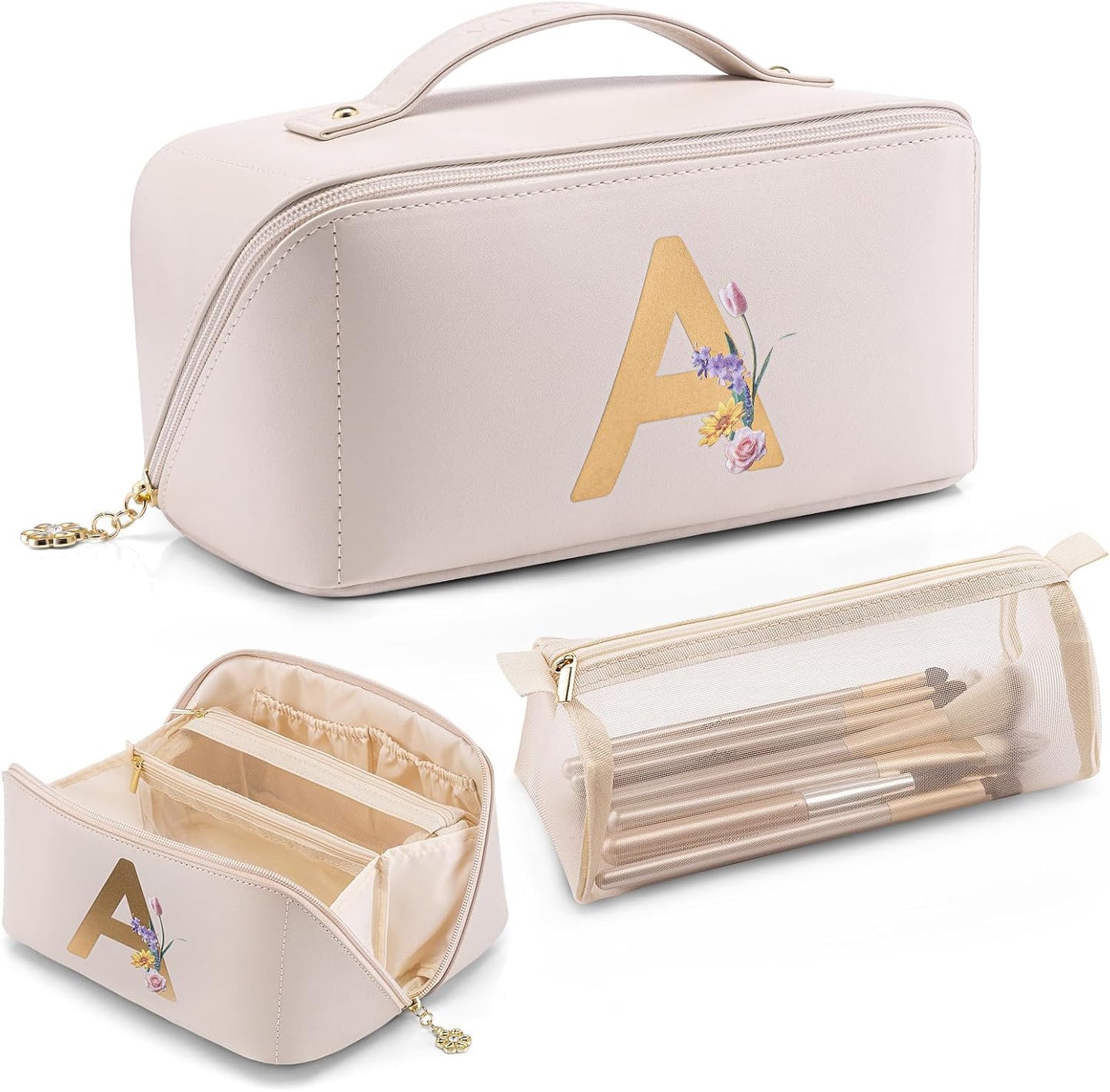 VLANDO Makeup Bag - Travel Toiletry & Cosmetic Bag for Women | PU Leather, Portable Design - Toffee