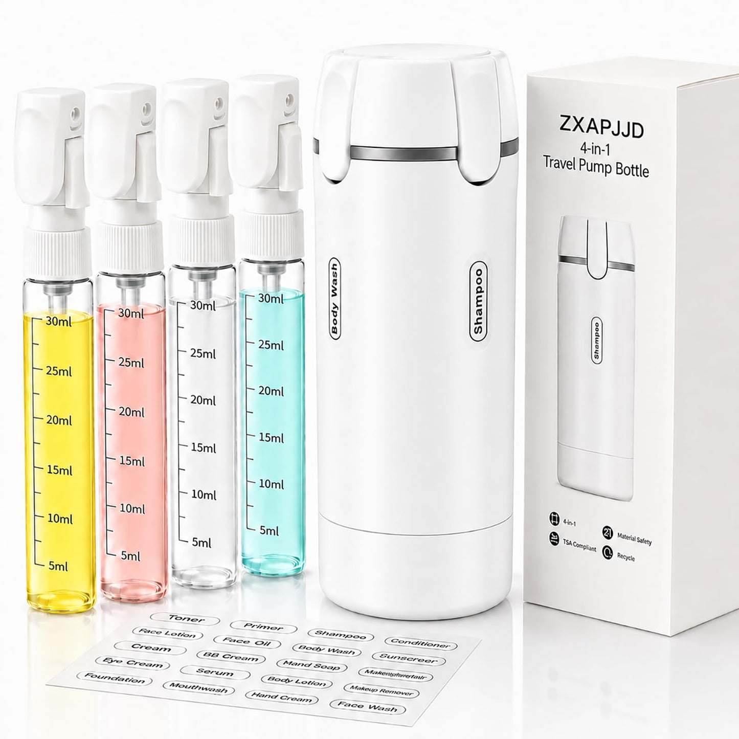 ZXAPJJD 4 in 1 Travel Dispenser Bottle, Leakproof Rotatable Travel Pump Bottles for Toiletries, TSA Approved Hard Shell Liquid Containers (4x30ml/1oz), Essentials for Women & Men (White)