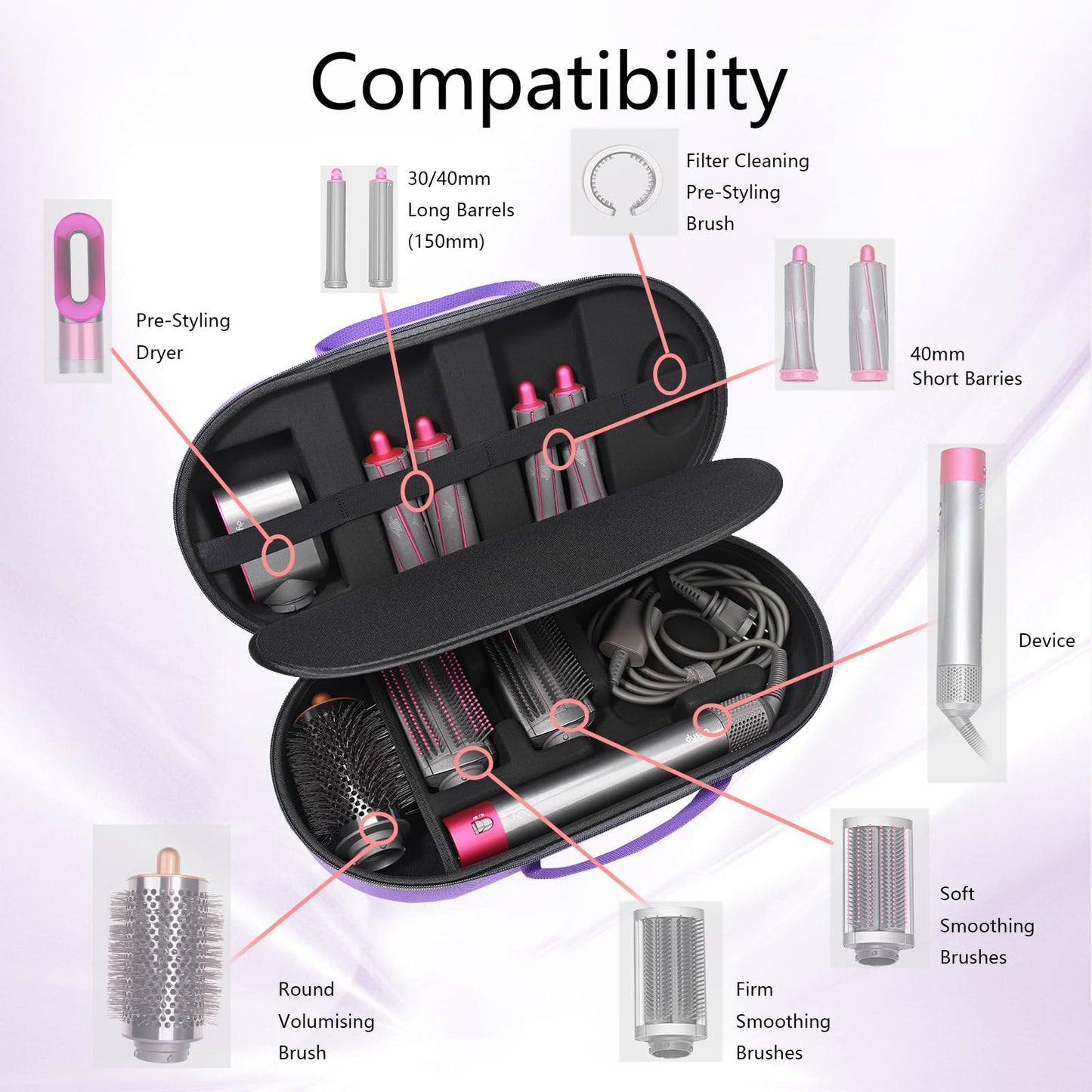 RLSOCO Hard Case for Dyson Airwrap i.d./Airwrap Co-anda2x Multi-Styler and Dryer - Fits 4pcs Long Barrels or Short Barrels - Violet (Case Only,Hair Styler is not Included)
