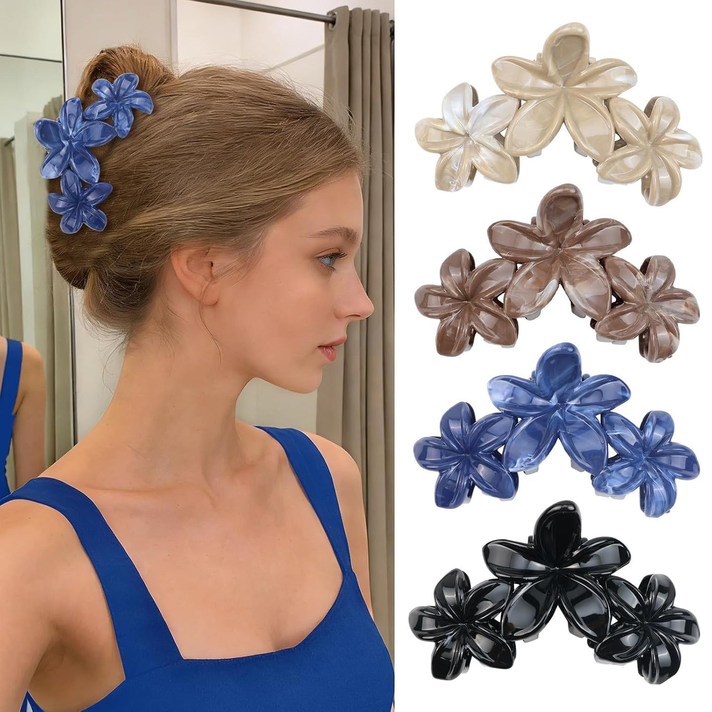 Cute Hawaiian Flower Claw Hair Clips - 4Pcs Large Clips for Thick or Thin Hair | Pink & Red Beach Accessories