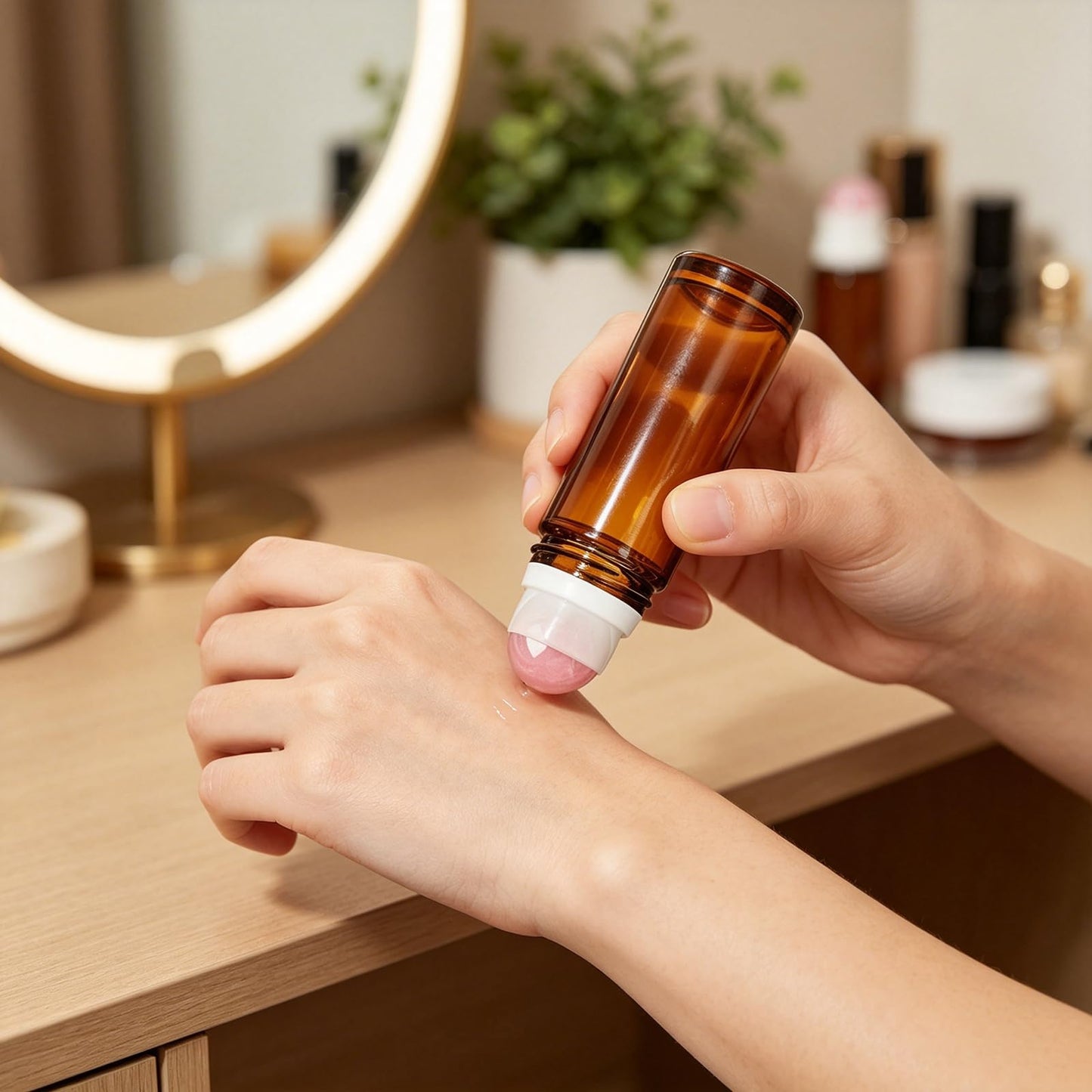 ORVEXILA 2 Pack Rose Quartz Essential Oils Roller Bottles, 50ml and 30ml Empty Leakproof Amber Glass Roll On Bottles for Perfume, Anointing, Travel, DIY