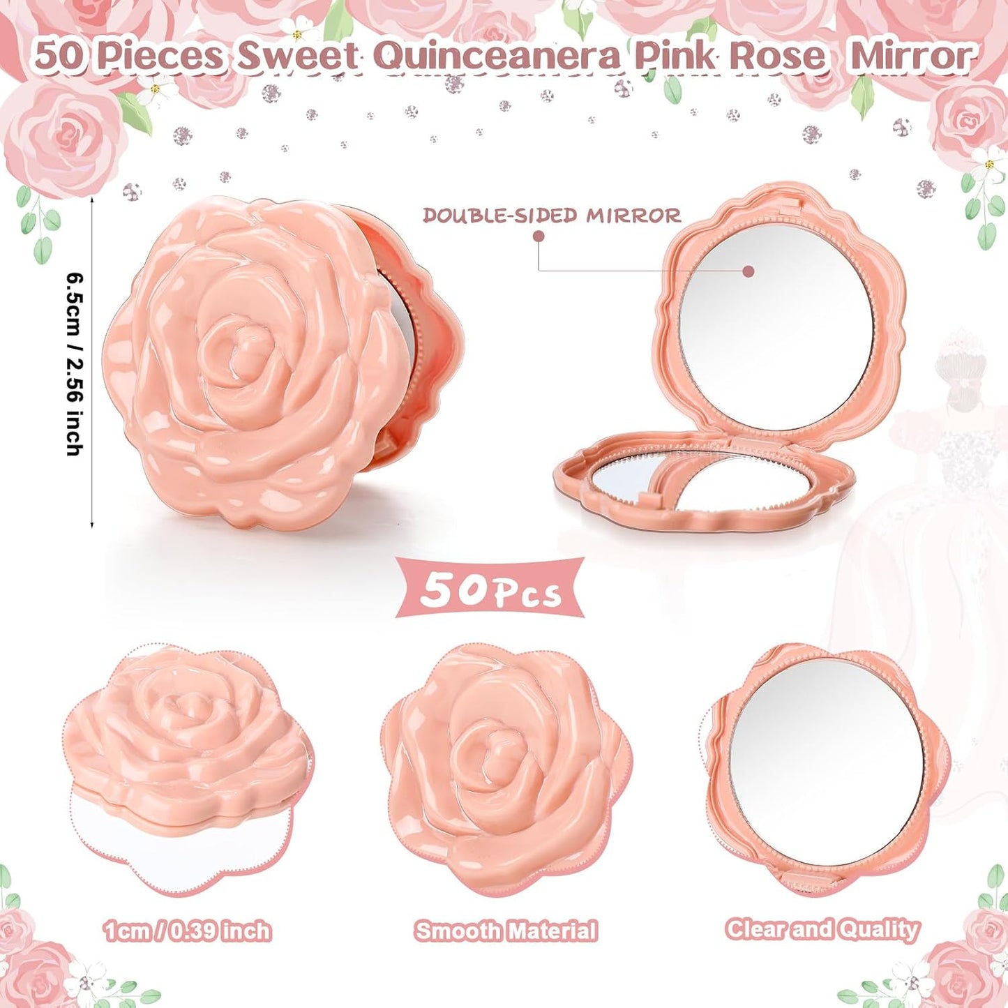 Quinceanera Party Favors - Rose Design Compact Pocket Mirrors with Thank You Cards & Organza Bags | Pink