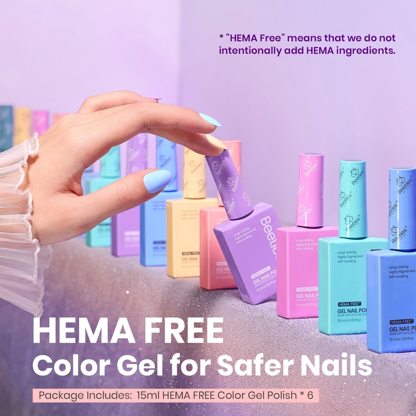 Beetles Pastel Gel Polish - Fairy Tale Dream 6 Colors Hema-Free Gel Polish Set, 15ML Pastel Yellow Pink Blue Purple Nail Colors, with Colorful Bottle Soak off Uv Led Lamp Nails