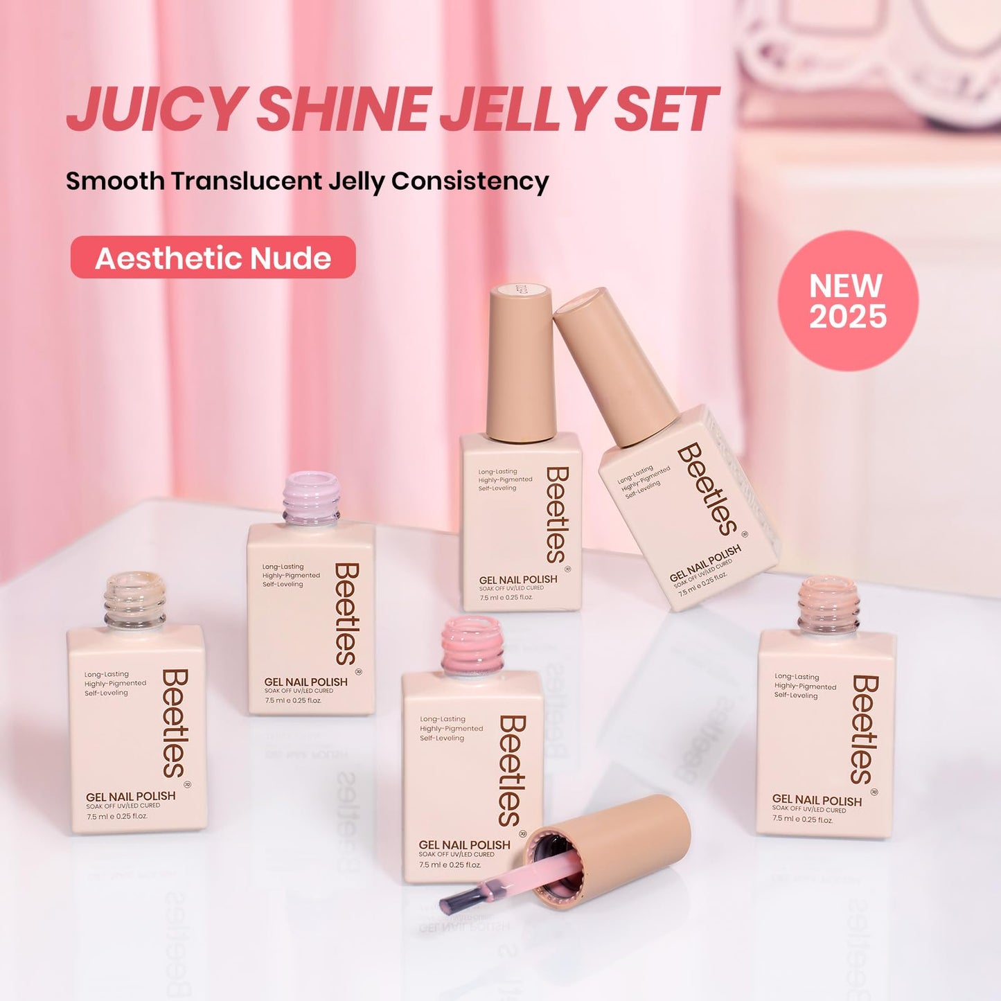 Beetles Nude Gel Nail Polish Set - 6 Colors Pink Jelly Gel Polish Kit Neutral Shimmer Translucent Sheer Gel Soak off Uv Nail Concealer French Nail Art Manicure Gift for Women