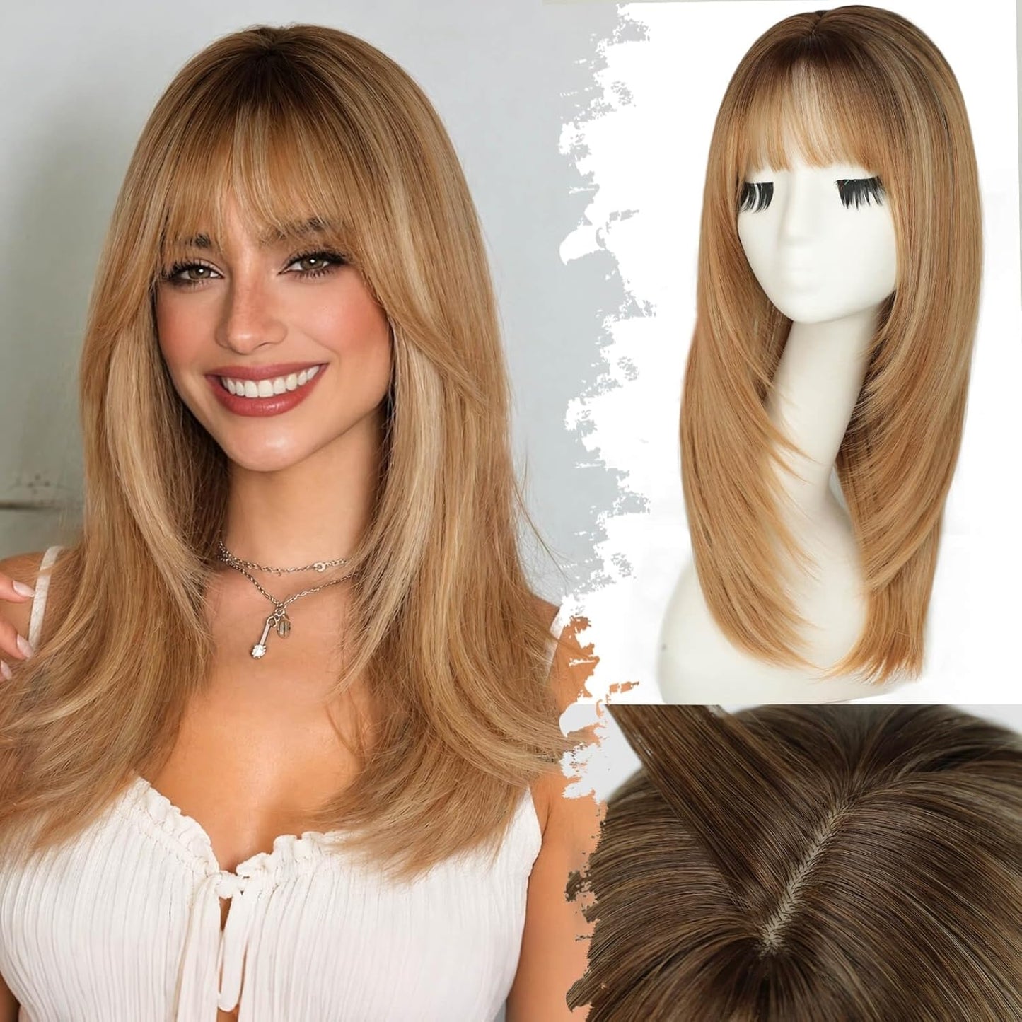 Beginner-Friendly Ash Blonde Wig with Bangs - 4x4 Glueless Synthetic Hair, Medium Length, Face-Framing Layers