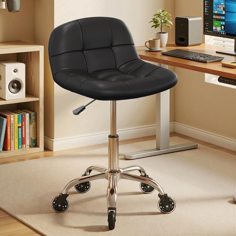 Height Adjustable Rolling Stool Chair - Comfortable PU Leather Cushion | Ideal for Home Office, Salon, Garage, Black