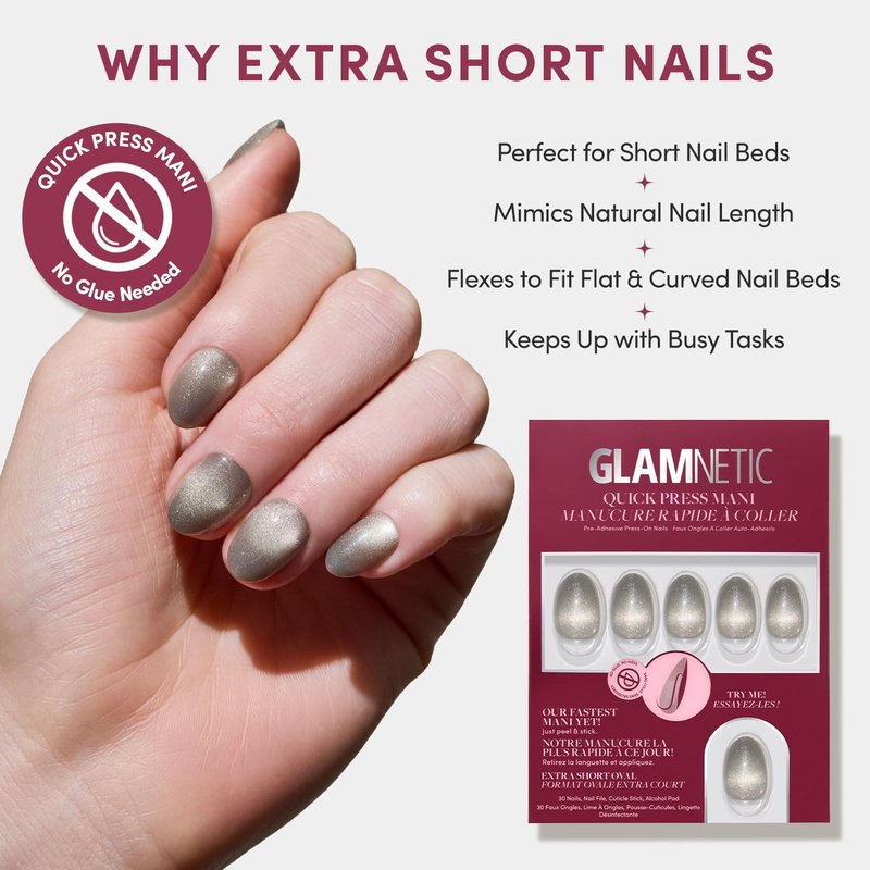 Glamnetic Quick Press Mani - No Glue Press On Nails, Just Peel and Stick, Oval Extra Short Nails, Mess Free, Salon Quality Stick On Nails, Sparkly Moss | in 15 Sizes - 30 Nail Kit