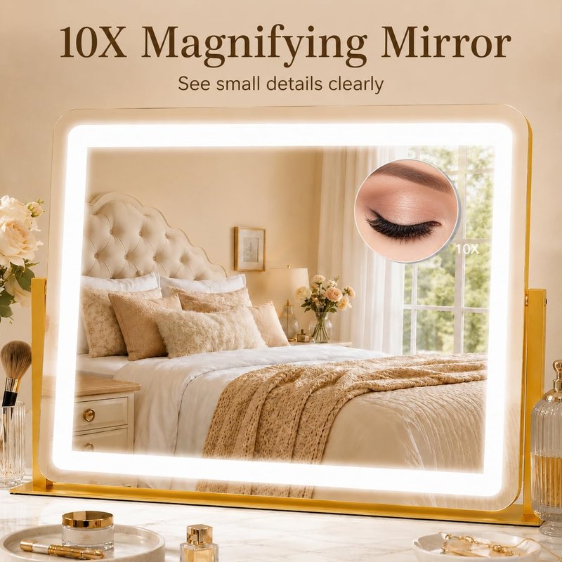Gold Lighted Vanity Mirror - 22"x17" Dimmable LED Makeup Mirror with Sturdy Aluminum Frame | 360° Rotating Design