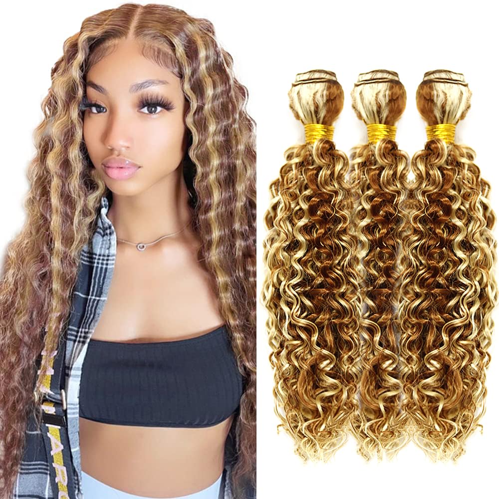 16 18 20 Inch P30/613 Highlight Blonde Bundles Human Hair 3 Bundles Brazilian Remy Hair 50 Grams/Bundle 10A Grade Unprocessed Virgin Hairs Water Wave Bundle Weaves Extensions