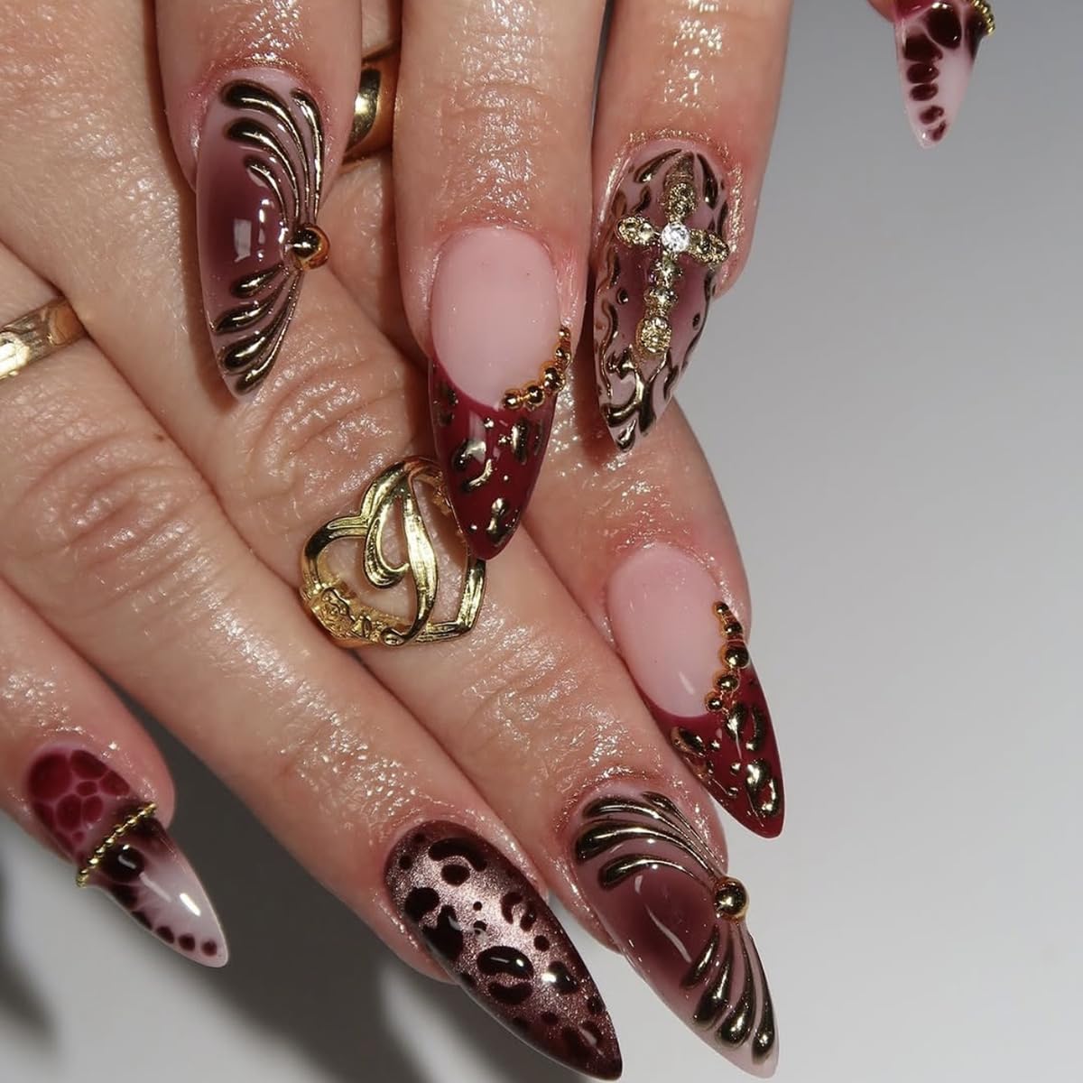 French Tip Almond Press-On Nails - Cat's Eye Acrylic with 3D Charms | 24 Pcs Set