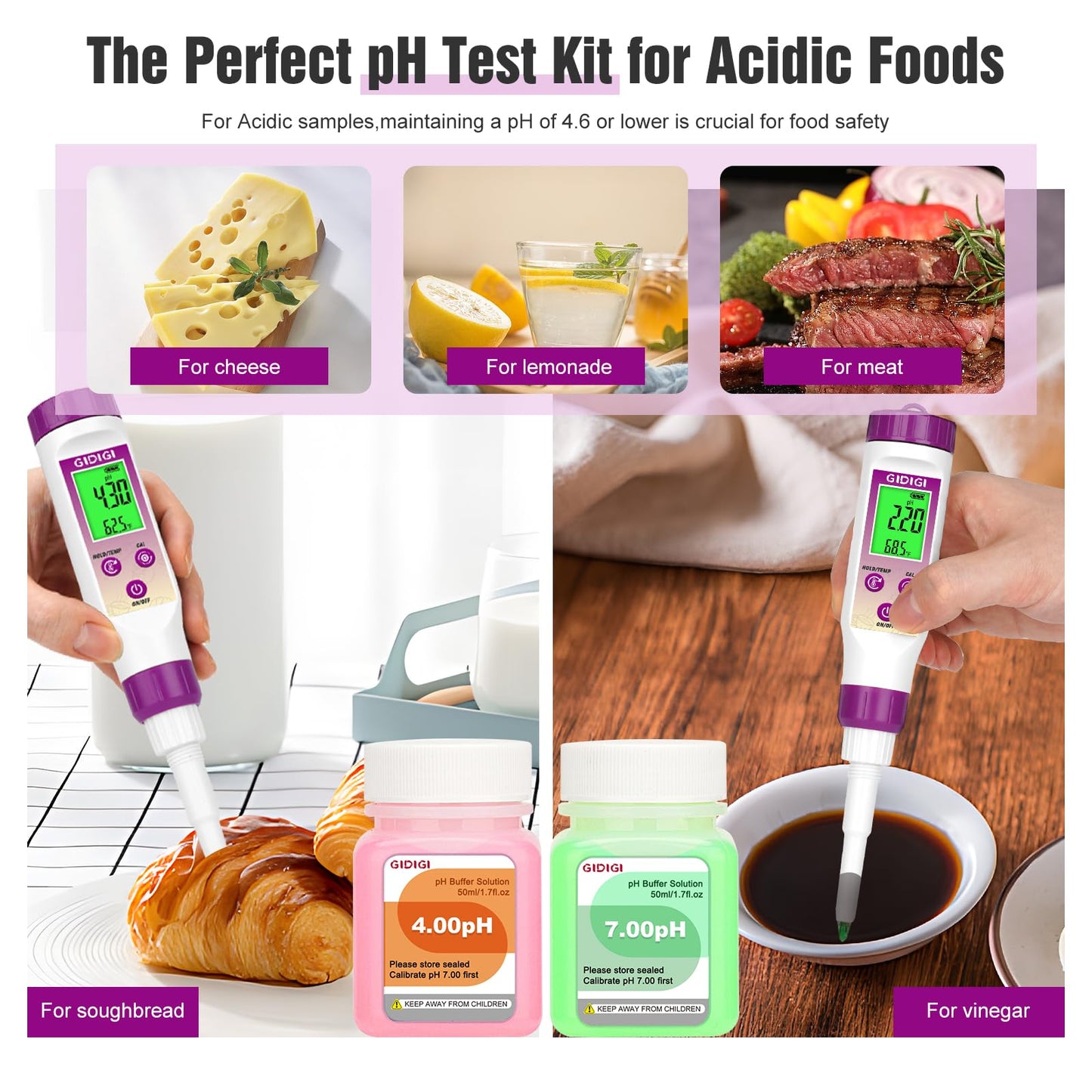 GIDIGI pH Meter for Food, Digital Electronic pH Tester for Fermentation, 3 * 50ml pH Calibration Solution Kits Hot Sauce, Food Tester Probe for Cheese, Sourdough, Salsa, pH Test Strips for Acidity