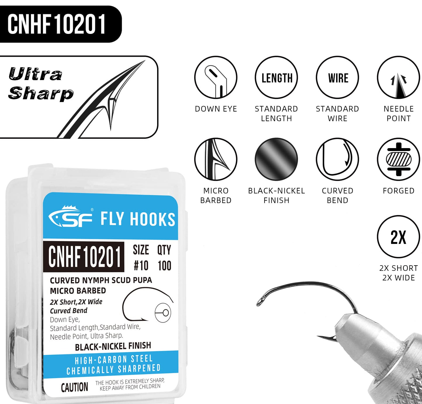 SF #12 Curved Nymph Scud Pupa Fly Tying Hooks Micro Barbed Black Nickel High Carbon Steel Fly Tying Materials Fly Hook with Mini Box 100Pcs
