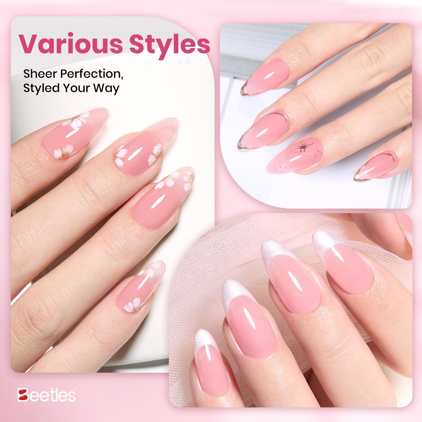 Beetles Dawn Petals Nude Pink Gel Polish - 15ML Full Size Neutral Jelly Nail Polish Base Color Nail Concealer Sheer Translucent Soak Off UV French Nail Art Salon DIY Manicure Gifts