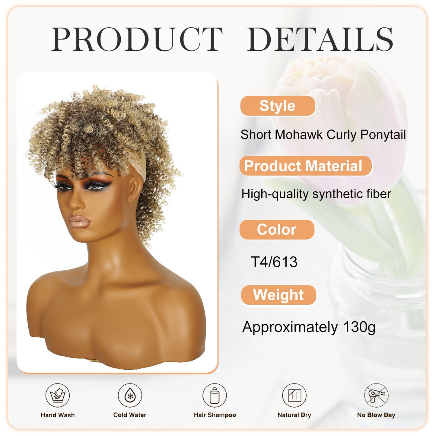 Jadeadyseg Mohawk Wig Kinky Curly Dark Brown Mix Blonde Ponytail Extension with Bangs,Short Curly Synthetic Clip in Mohawk Ponytail with Six Clips and Two Combs Fluffy Hair for Daily Party Use 4/613
