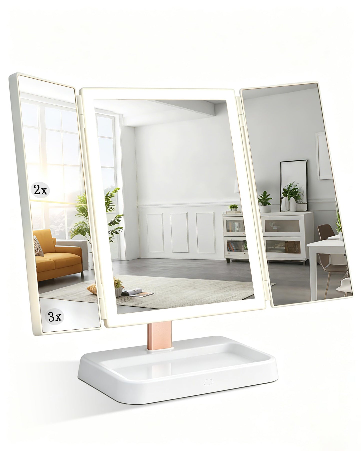 CALEPOP Lighted Makeup Mirror with Magnification, Rechargeable Vanity Mirror with Lights, 1X/2X/3X Trifold Desk Mirror, 76 LEDs, 3 Color Touch Dimming, 9 x 14 in
