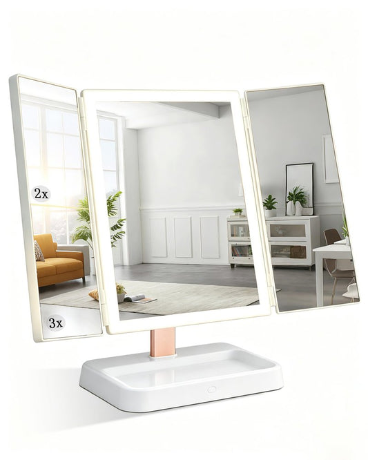 CALEPOP Lighted Makeup Mirror with Magnification, Rechargeable Vanity Mirror with Lights, 1X/2X/3X Trifold Desk Mirror, 76 LEDs, 3 Color Touch Dimming, 9 x 14 in