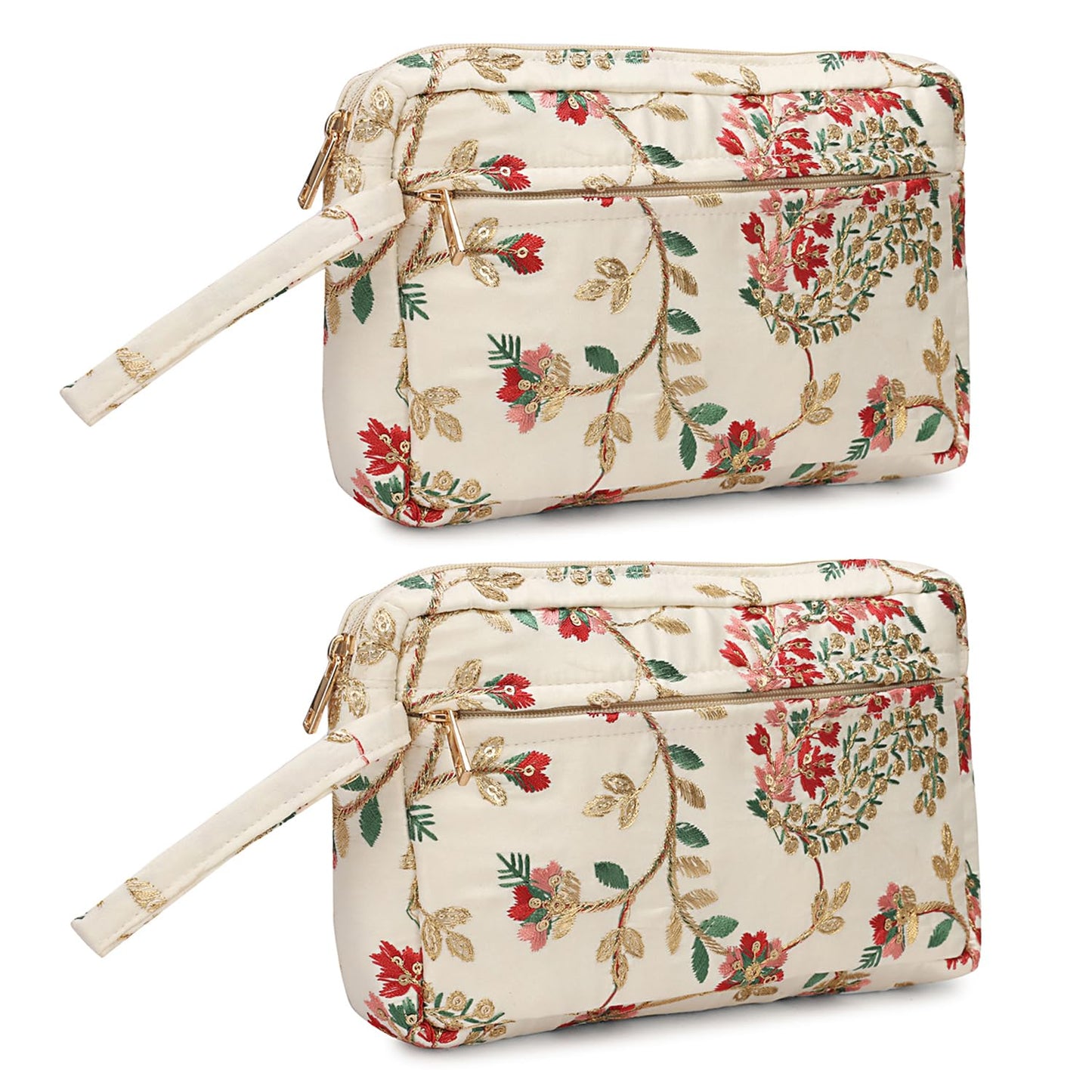 LONGING TO BUY Floral Embroidered Cosmetic Pouch, Make Up Organizer Pouch for Women, Zip Pouch Combo for Multiple Use Wristlet Design (White Multi)