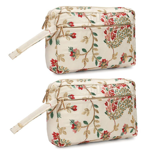 LONGING TO BUY Floral Embroidered Cosmetic Pouch, Make Up Organizer Pouch for Women, Zip Pouch Combo for Multiple Use Wristlet Design (White Multi)