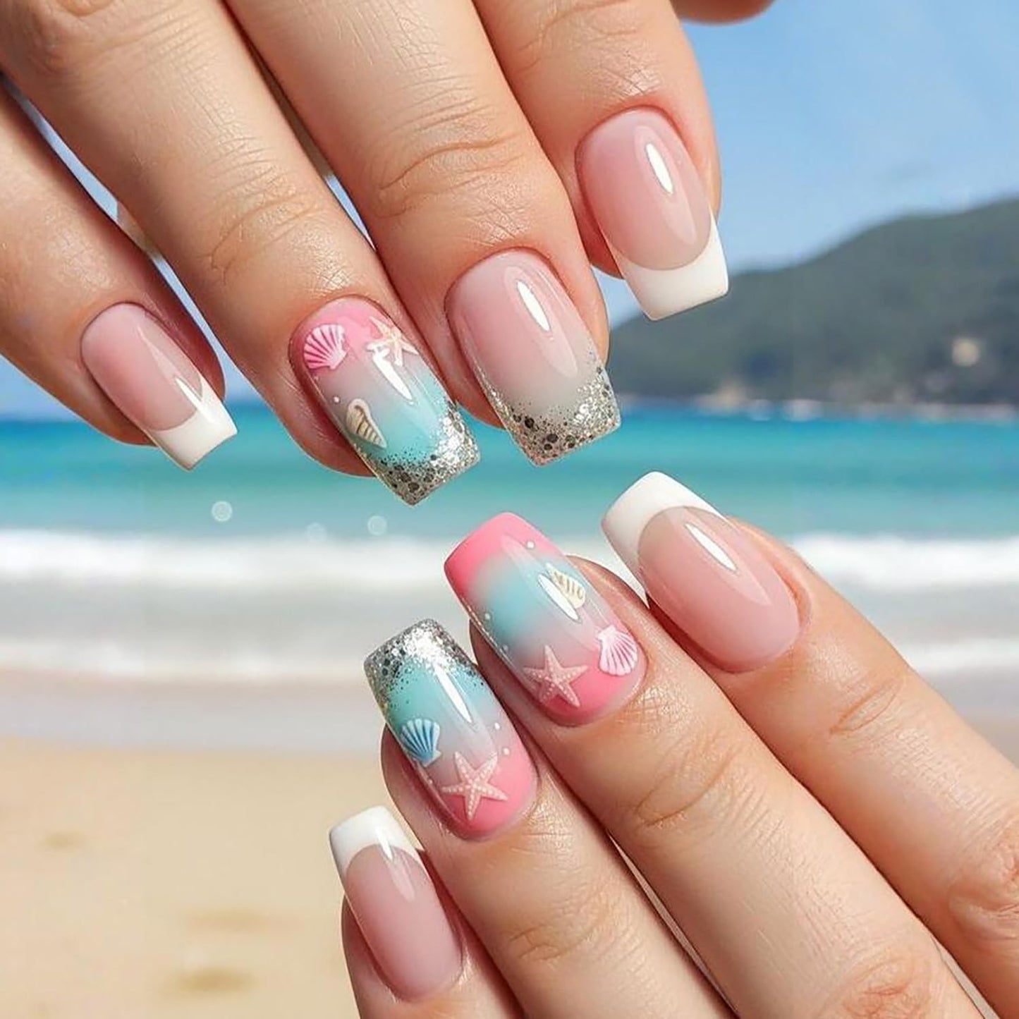 24Pcs 4th of July Press-On Nails - Medium Square Red, Blue & White Glitter Designs | Reusable Patriotic Acrylic Nails for Women