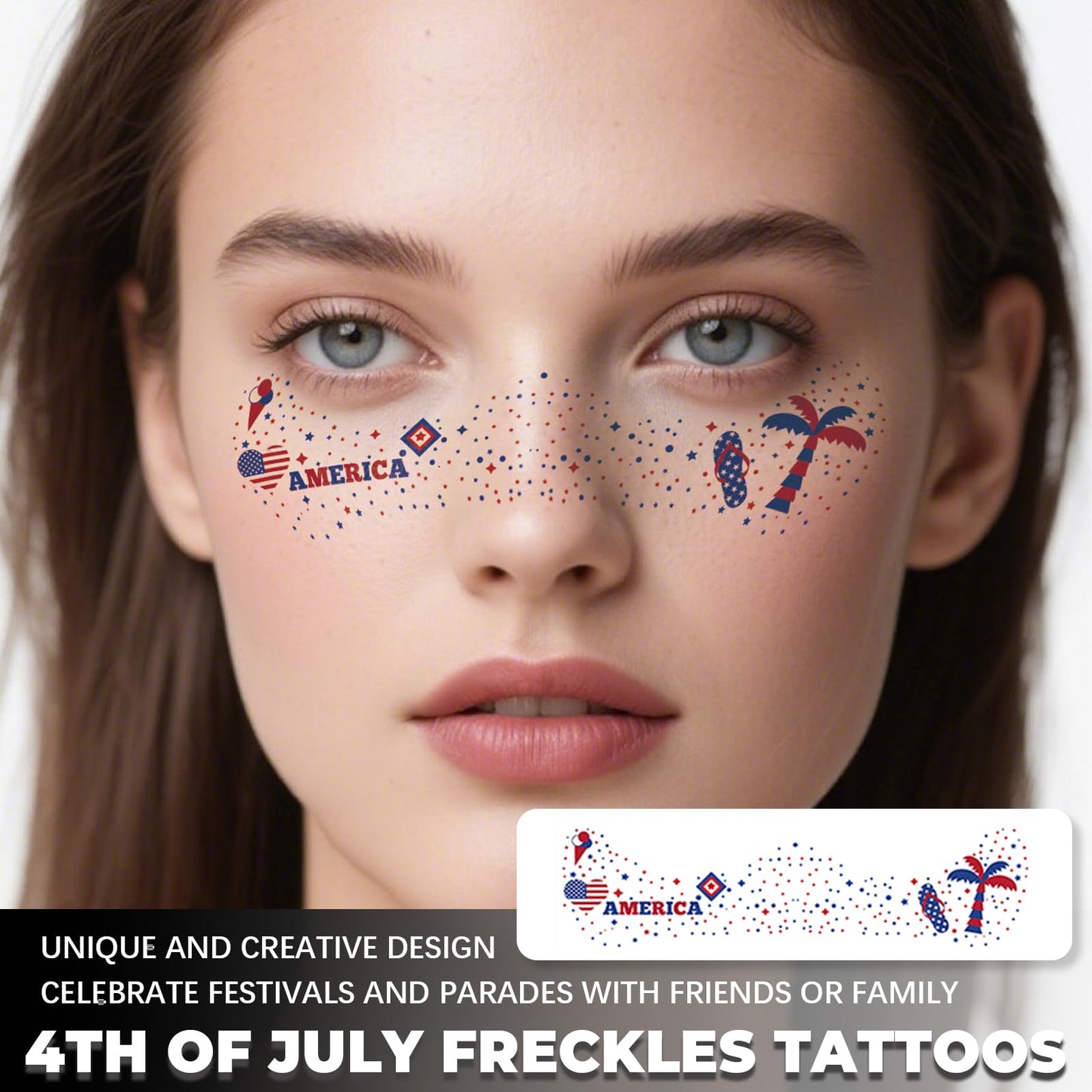 4th of July Glitter Freckles Face Tattoos, 18Pcs Independence Day Temporary Face Tattoos for Women and Girls, Patriotic Red White Blue Makeup Stickers for Memorial Day, Festival Party Decorations