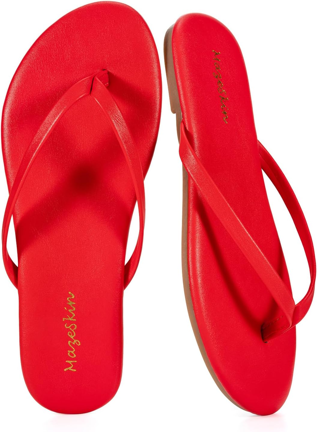 Mazeskin Women's Memory Foam Flat Thong Sandals - Comfortable Leather Slide Flip Flops for Summer Beach