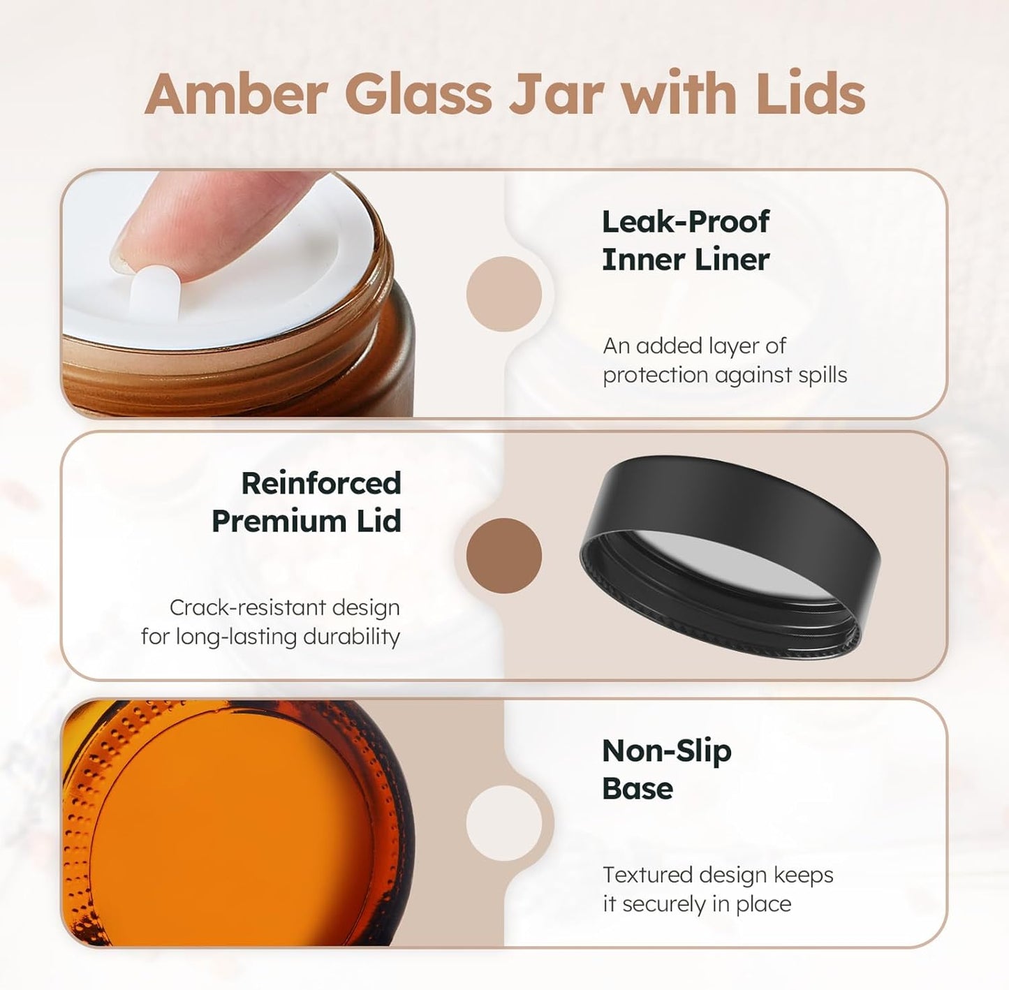 Amber Glass Jars - 2 oz Leakproof Containers with Black Lids | 36 Pack for Lotions, Powders & Candle Making