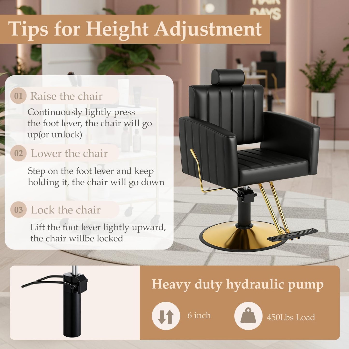 Professional Barber Salon Chair - Heavy Duty Hydraulic Design, 135° Recline, 360° Swivel | Black and Gold PU Leather