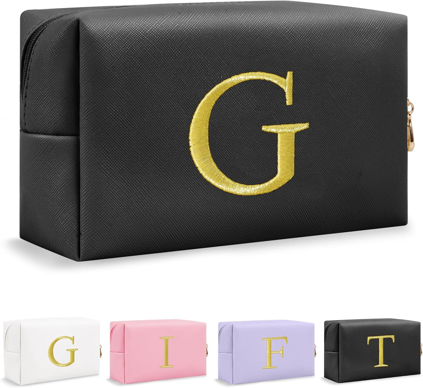 Personalized Initial Makeup Bag - Gold Embroidered Cosmetic Bag for Teens | Custom Travel Toiletry Bag (Black)