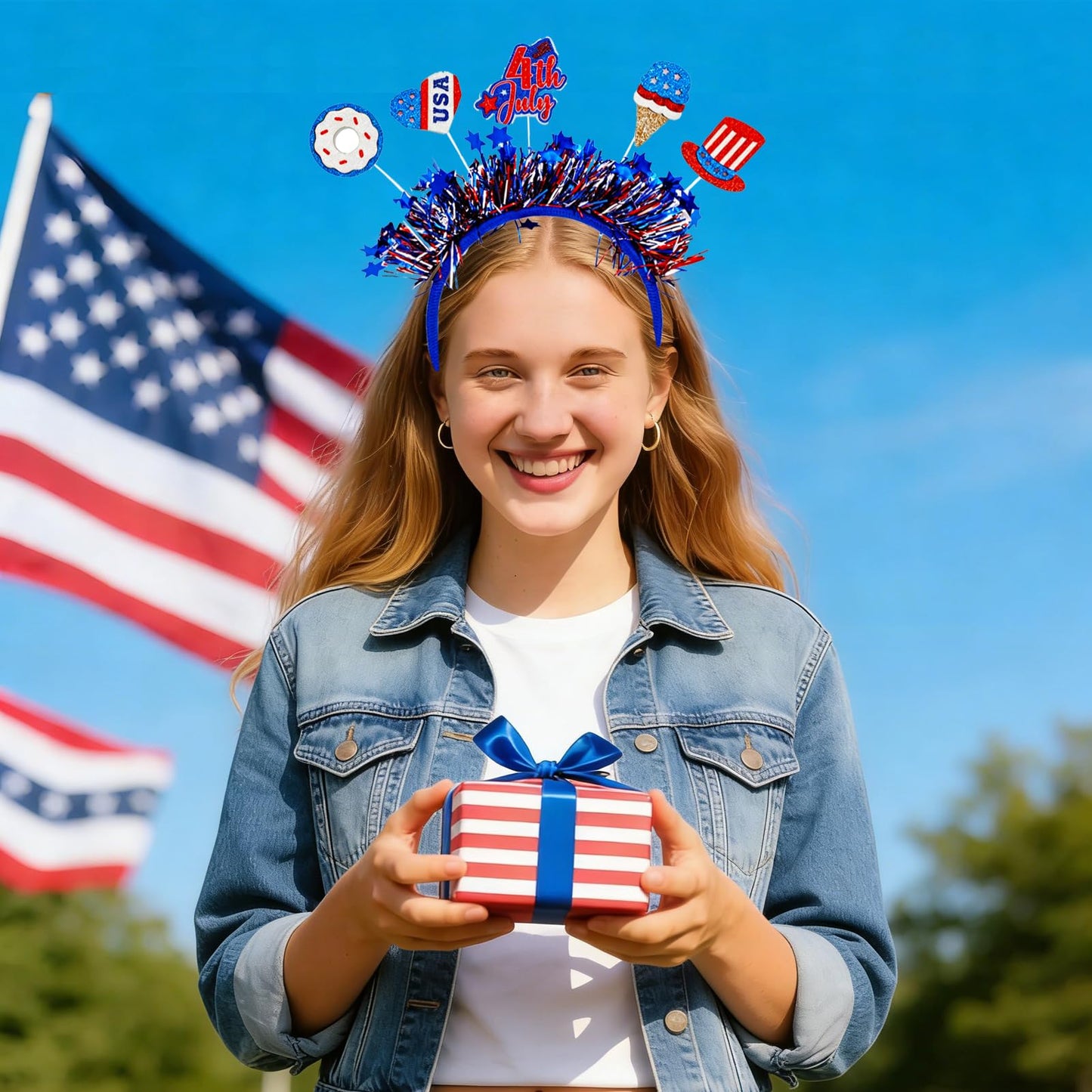 4th of July Headbands for Girl Women - Glitter Patriotic Headband Red White Blue Tinsel Headbands,Sparkly Independence Day Headband 4th of July Hair Accessories with USA Donut for Costume Party Parade