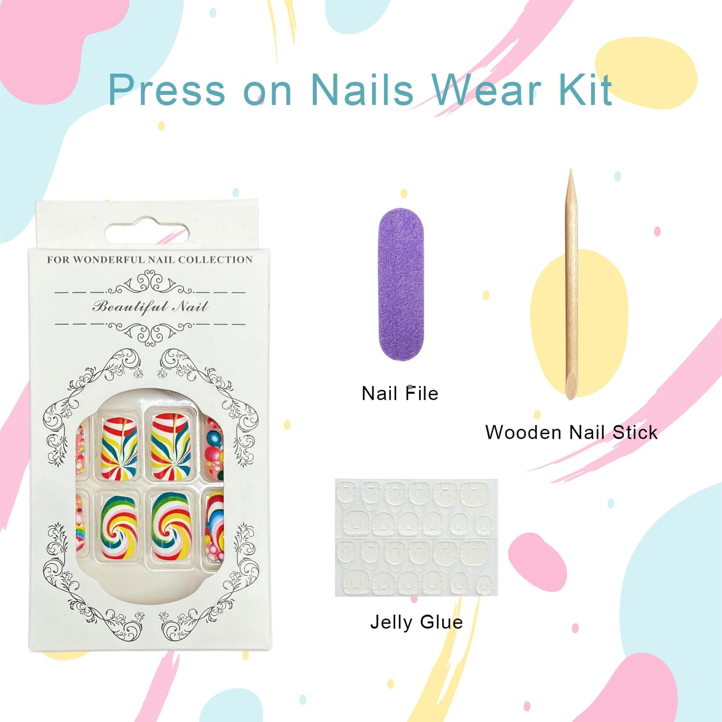 Rainbow Press on Nails Medium Square Fake Nails with Colorful Swirl Candy Design Cute False Nail Full Cover Reusable Stick on Nail for Women 24Pcs