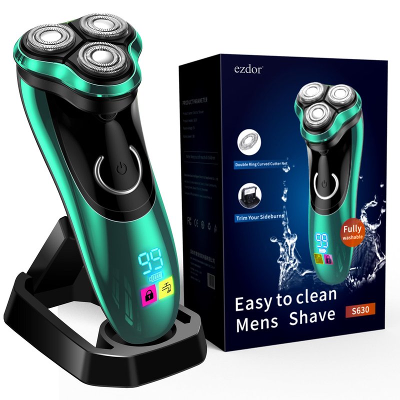 Electric Razor for Men, Cordless Rechargeable Rotary Shaver with Charging Stand, Wet & Dry IPX6 Waterproof Electric Shaver with Pop-Up Trimmer for Face & Travel (Green-1)