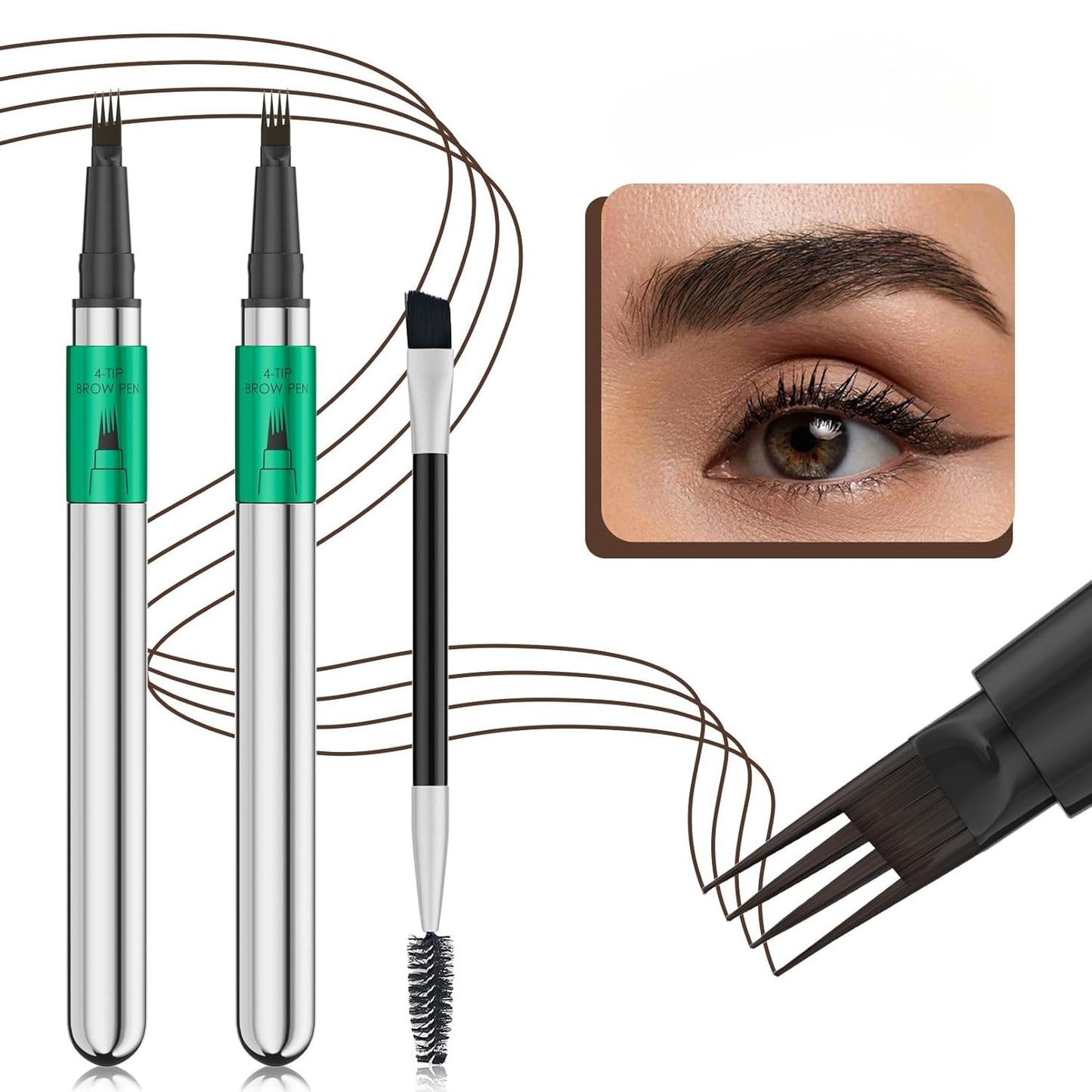 Microblading Eyebrow Pen Set - 3D Waterproof 4-Tip Precision Pencil & Brush | Long-Lasting Dark Brown