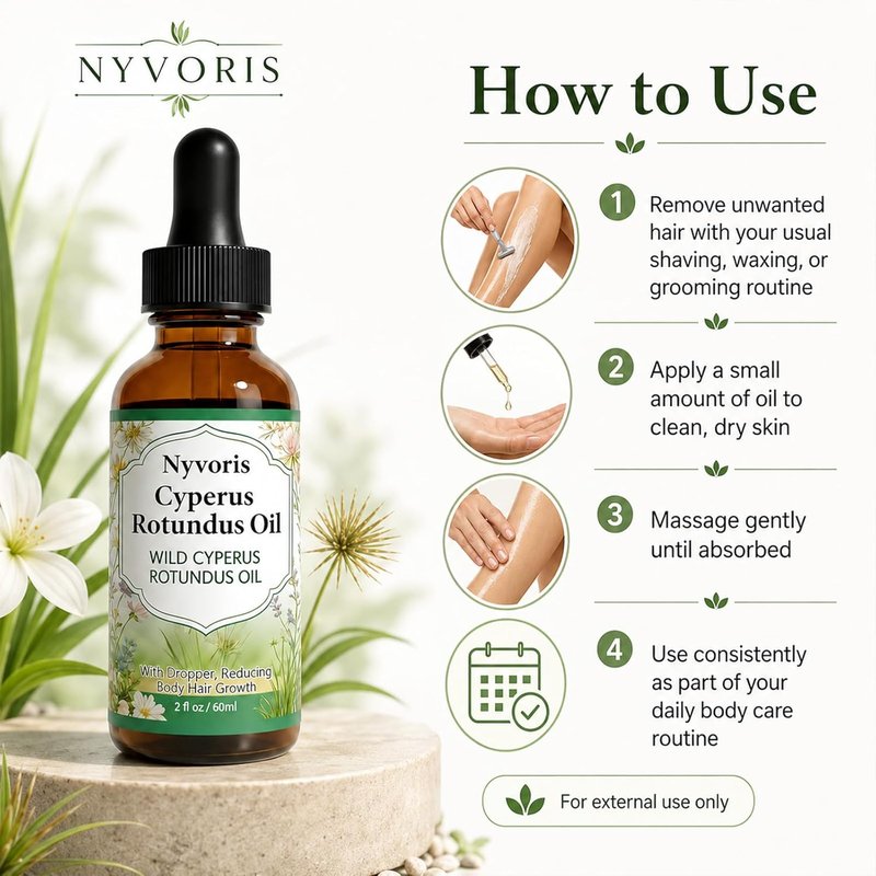 Cyperus Rotundus Oil for Hair Removal - Cold-Pressed Natural Plant Oil, 2 Fl Oz | Reduce Unwanted Hair