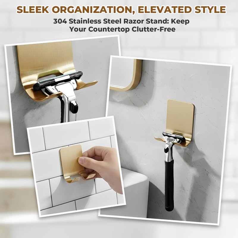 Heran Razor Holder for Shower Wall, 4 Pack Self Adhesive Shower Razor Holder, Waterproof Stainless Steel Hooks for Inside Shower, Towel Loofah Bathroom Kitchen Organizer Gold