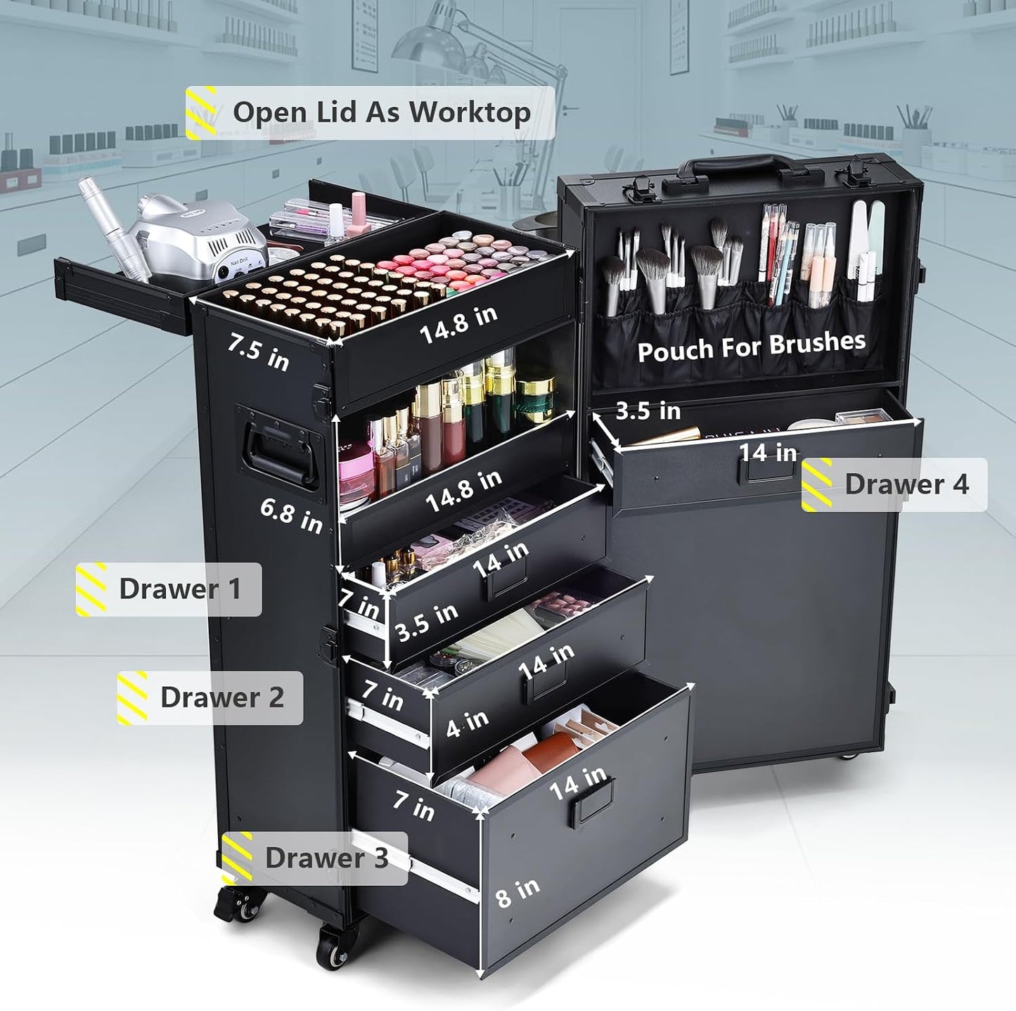 Mobile Nail Tech Station - Rolling Makeup Case with Drawers | Lockable Nail Travel Cart for Cosmetology & Tattoo Work