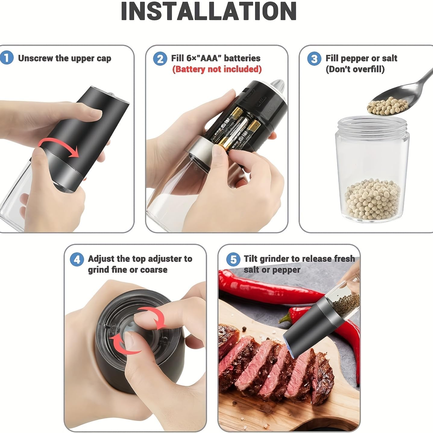 1pc Electric Salt and Pepper Grinder Set, Battery Powered LED Light One Hand Automatic Operation, Adjustable Coarseness Mill Grinders Shakers Black, Kitchen Gadgets Gift Ideas