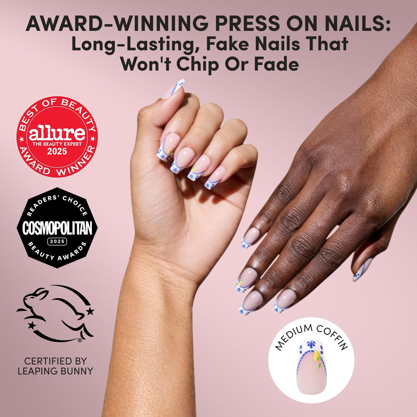 Glamnetic Press On Nails - Medium Coffin Blue & White French Tip Set | 30 Nail Kit with Glue - Salon Quality Vacation Nails