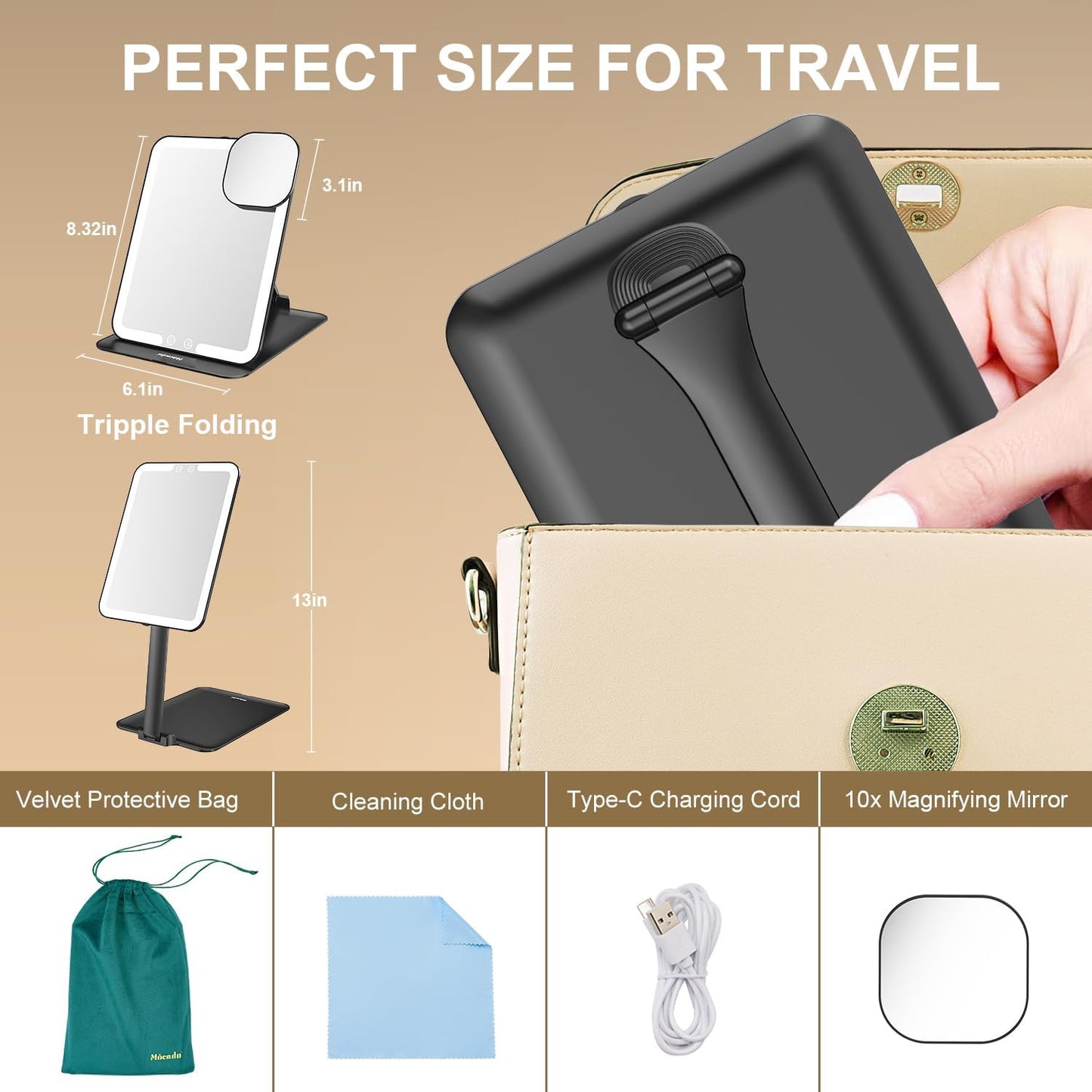 Mocado Travel Makeup Mirror - Lighted Triple Folding Vanity Mirror with 3 Color Settings | Rechargeable 1500mAh Battery, Adjustable Height & Angle (Black)