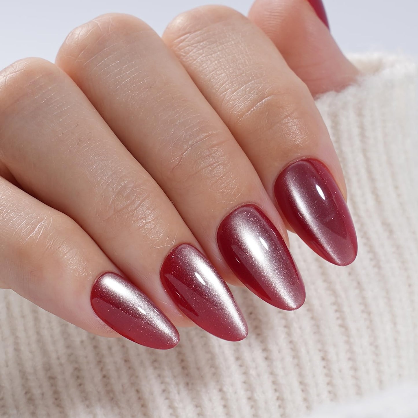 Red Cat Eye Press On Nails - Almond Short Reusable Fake Nails | 32pcs in 16 Sizes, Garnet Color