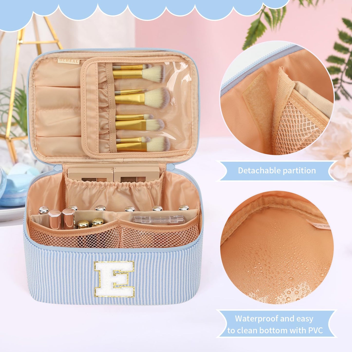 OCHEAL Makeup Bag for Women, Monogram Cosmetic Bag Blue Travel Makeup Case Beauty Toiletry Bag Organizer Personalized Gifts for Girls Bridesmaid, Sister, Wife, Friends Initial E