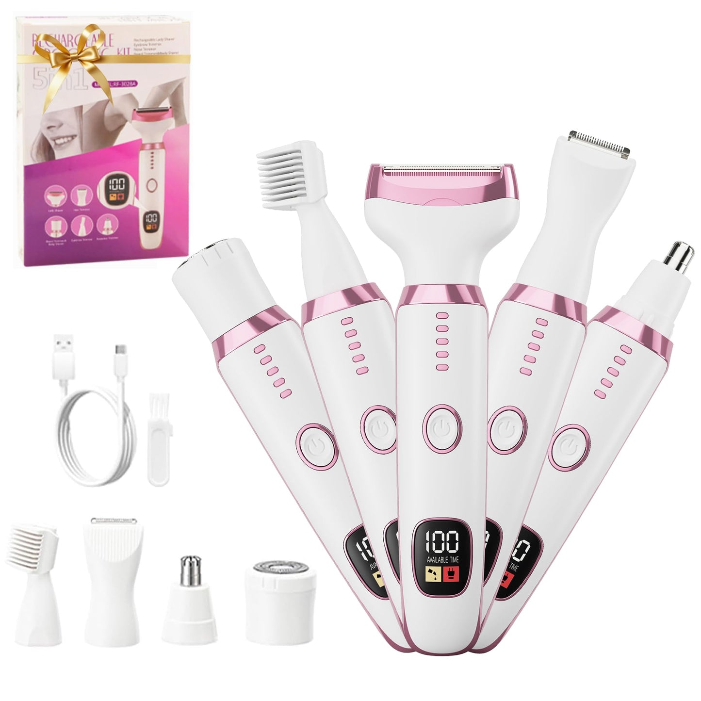 RUIM 5-in-1 Women's Electric Shaver & Hair Trimmer Kit - for Legs, Underarms, Bikini Line, Face & Body, Painless Cordless Wet/Dry Razor, Waterproof & USB Rechargeable for Women Grooming