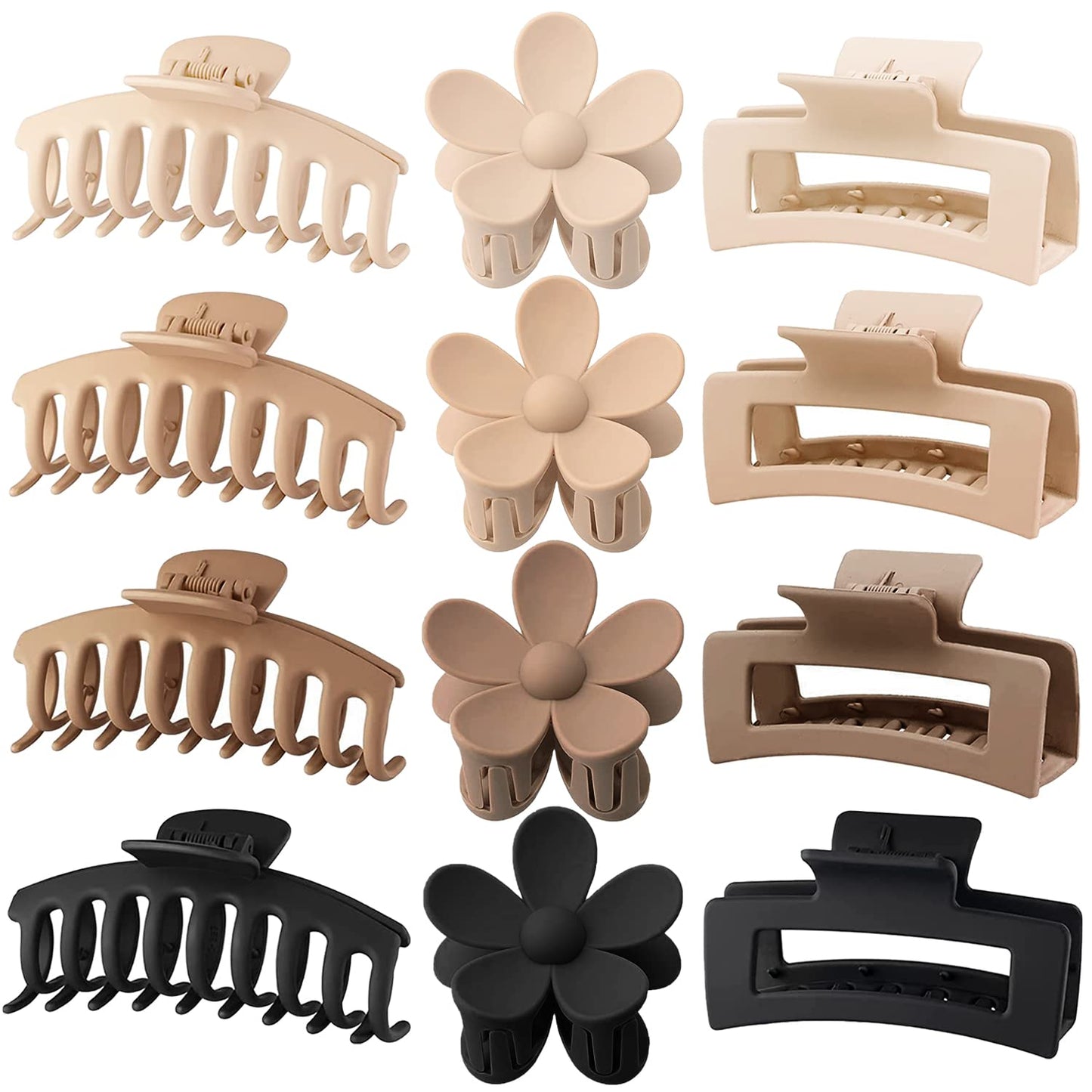 Large Hair Claw Clips - 12 Pack Matte Flower Clips for Thick Hair | 3 Styles, 4 Colors