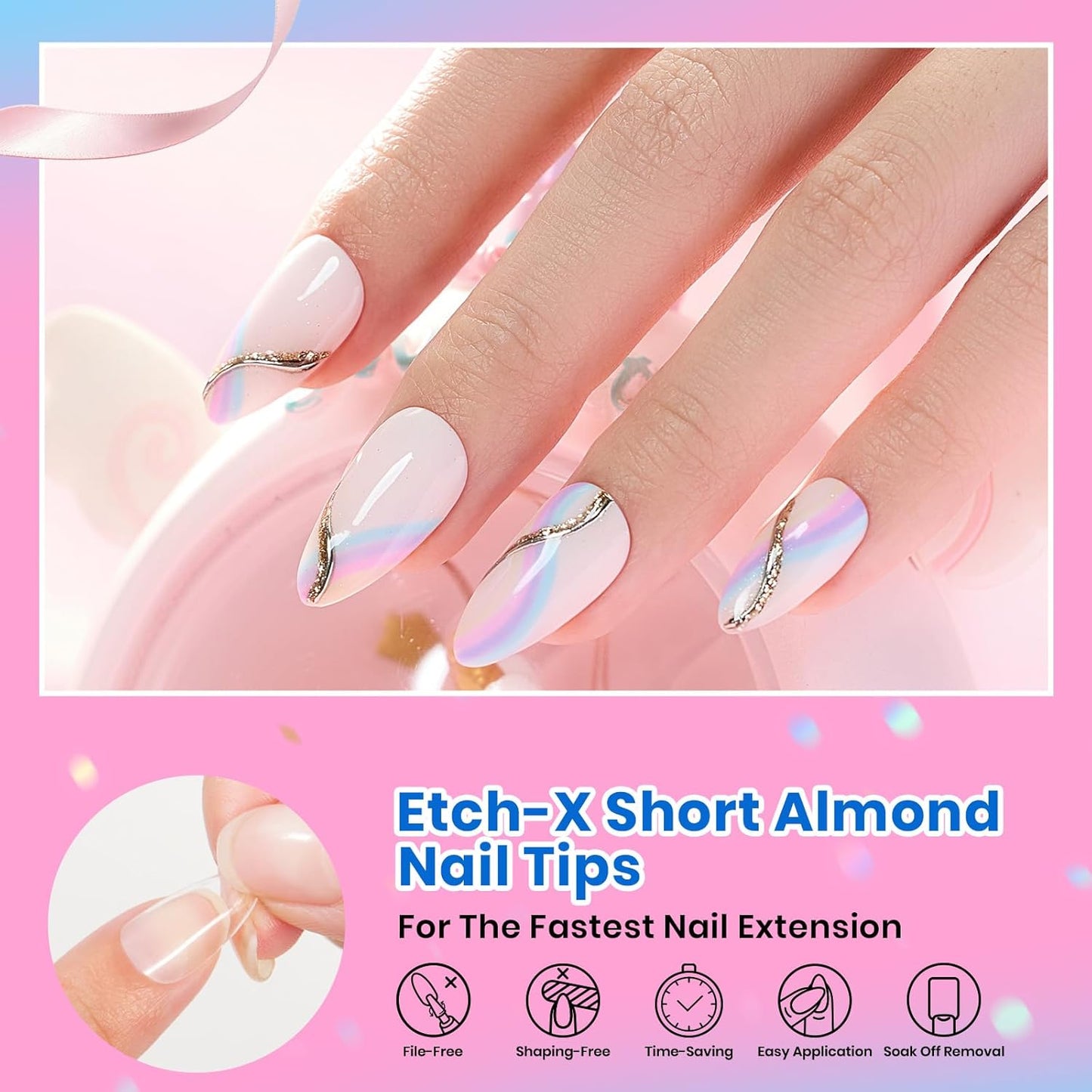 Soft Gel Nail Tips - Short Almond 288pcs | Pre-Etched Acrylic Full Cover for Easy DIY Nail Extensions