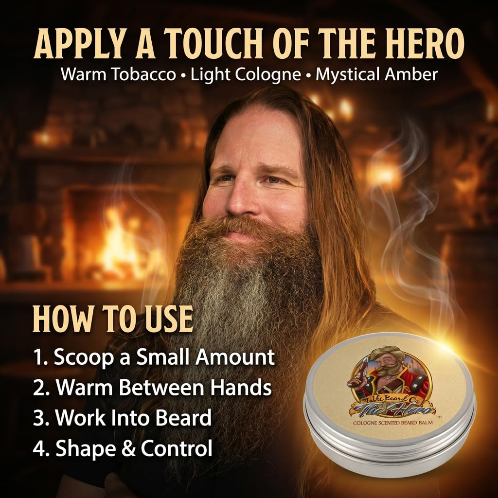 Fable Beard Co. Beard Balm - The Hero, Warm Tobacco, Light Cologne, & Mystical Amber, Natural Beard Balm for Men with Jojoba & Argan Oils, Beard Conditioner, Made in USA (2 Fl Oz)