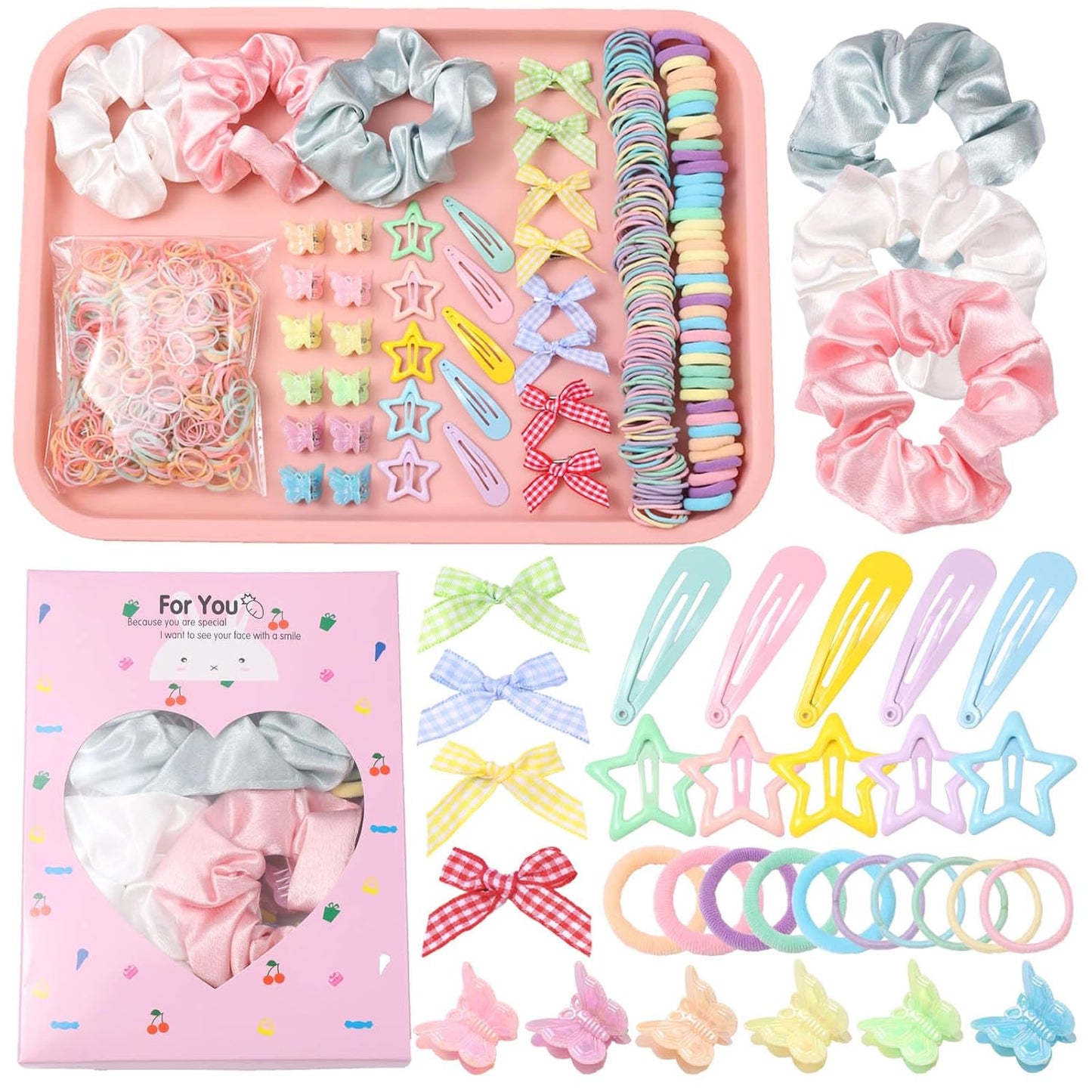 Colorful Elastic Hair Ties Set for Girls - 505PCS Cute Rabbit Ear, Mini Flower Clips & Satin Silk Scrunchies | Gift Box Included